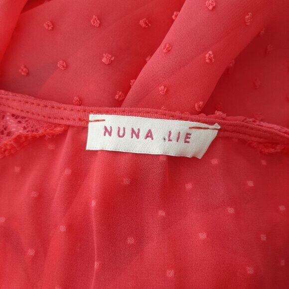 NUNA LIE Swiss Dot & Lace Semi-Sheer Lightweight Blouse Top Coal Red Sz S - Picture 11 of 12